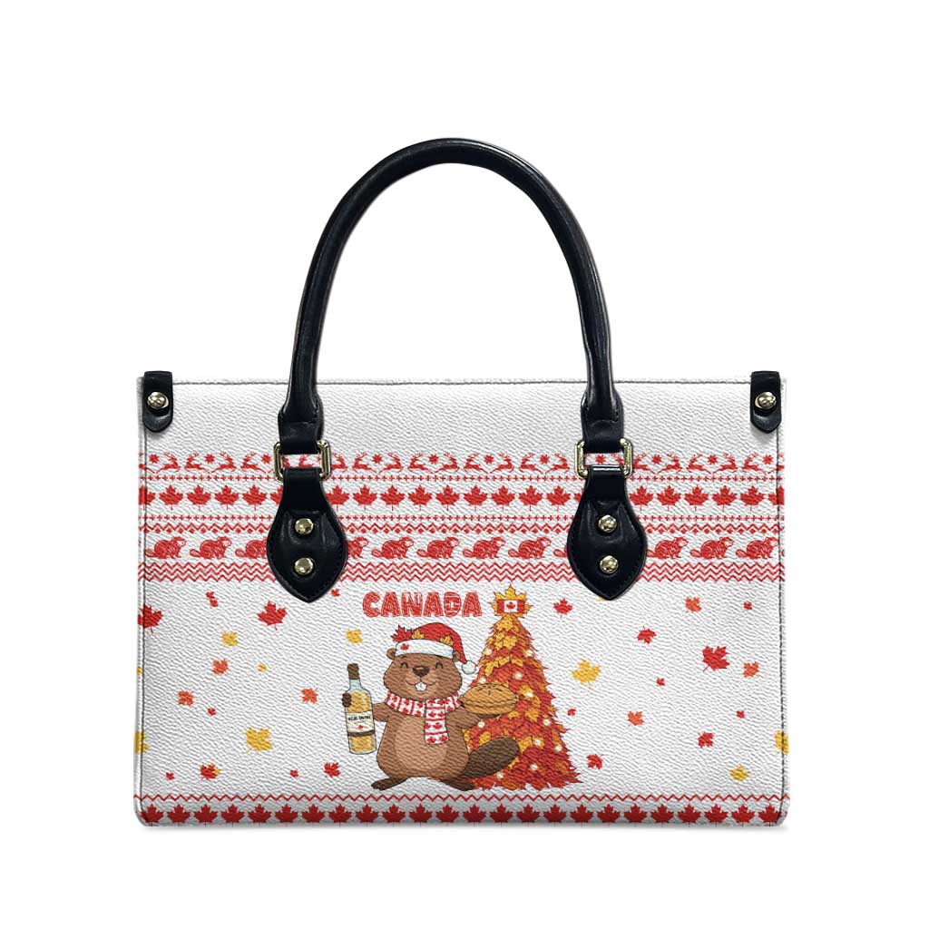 Canada Christmas Leather Bag with Beaver Maple Tree Ice Wine Pie and Red White Knit Pattern Design - Wonder Print Shop