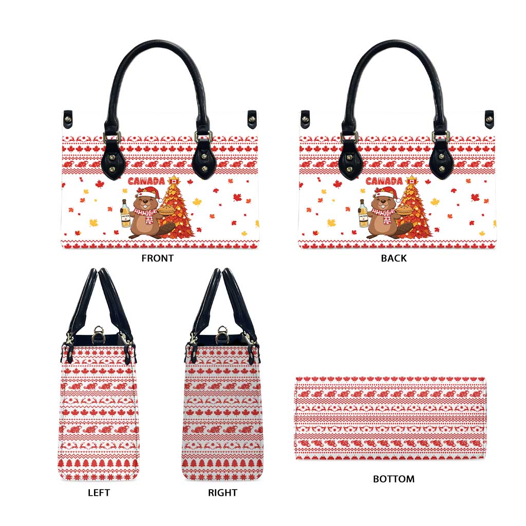 Canada Christmas Leather Bag with Beaver Maple Tree Ice Wine Pie and Red White Knit Pattern Design - Wonder Print Shop