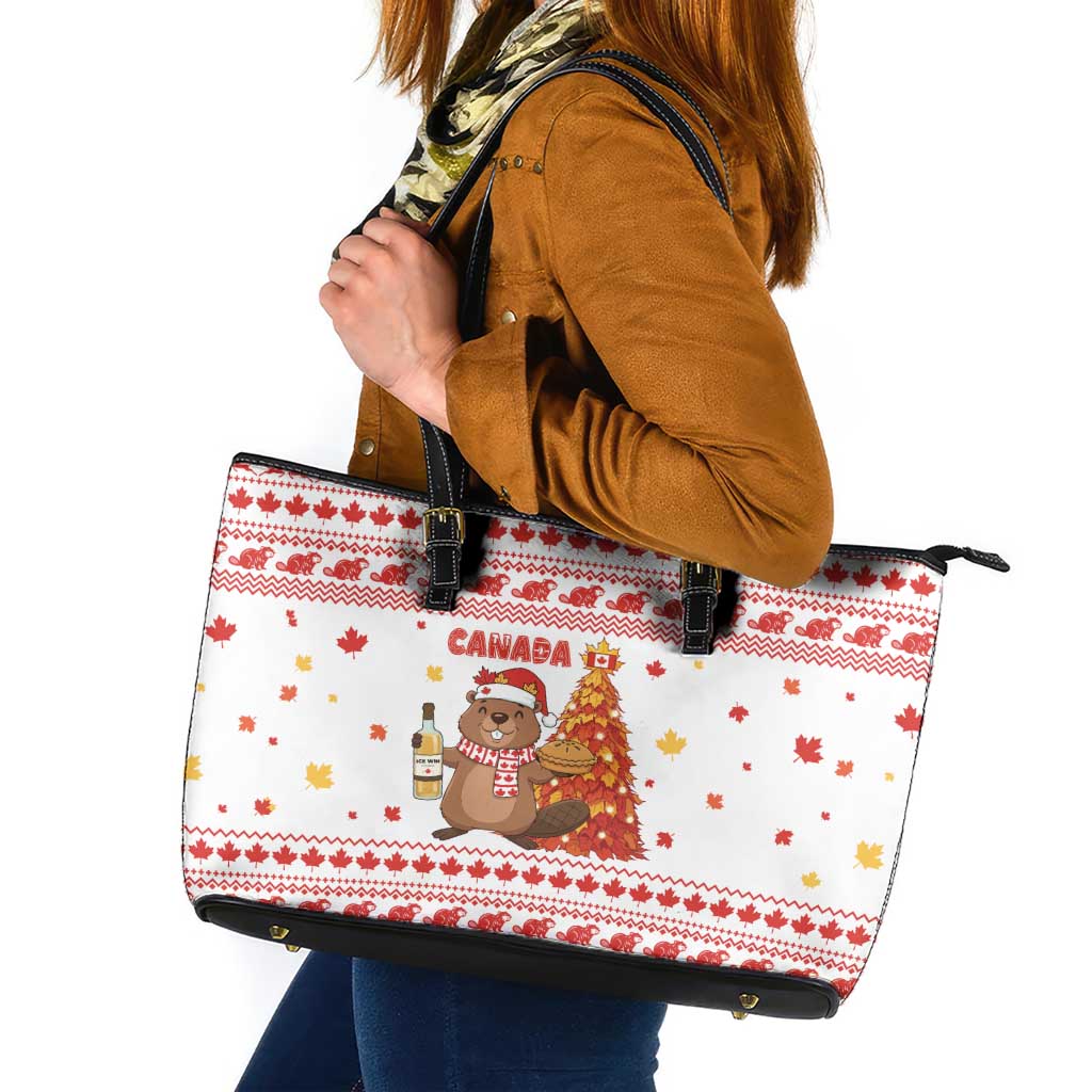 Canada Christmas Leather Tote Bag with Beaver Maple Tree Ice Wine Pie and Red White Knit Pattern Design - Wonder Print Shop
