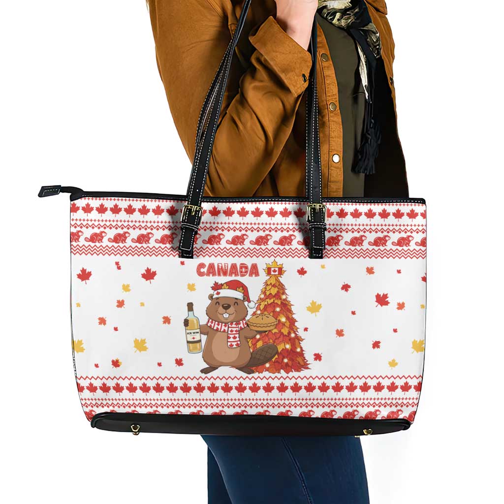 Canada Christmas Leather Tote Bag with Beaver Maple Tree Ice Wine Pie and Red White Knit Pattern Design - Wonder Print Shop