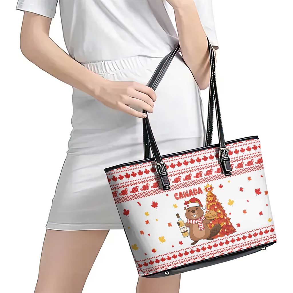 Canada Christmas Leather Tote Bag with Beaver Maple Tree Ice Wine Pie and Red White Knit Pattern Design - Wonder Print Shop