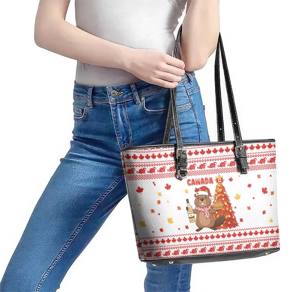 Canada Christmas Leather Tote Bag with Beaver Maple Tree Ice Wine Pie and Red White Knit Pattern Design - Wonder Print Shop