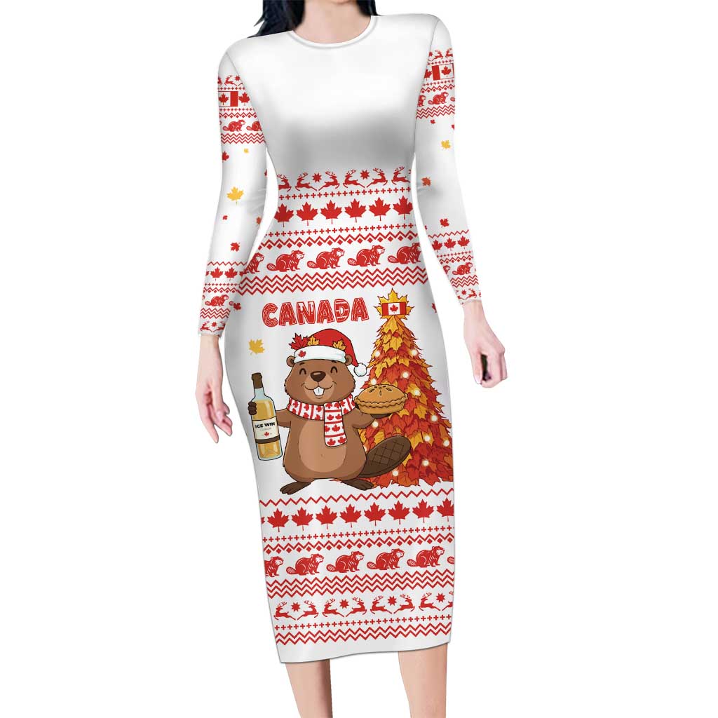 Canada Christmas Long Sleeve Bodycon Dress with Beaver Maple Tree Ice Wine Pie and Red White Knit Pattern Design - Wonder Print Shop