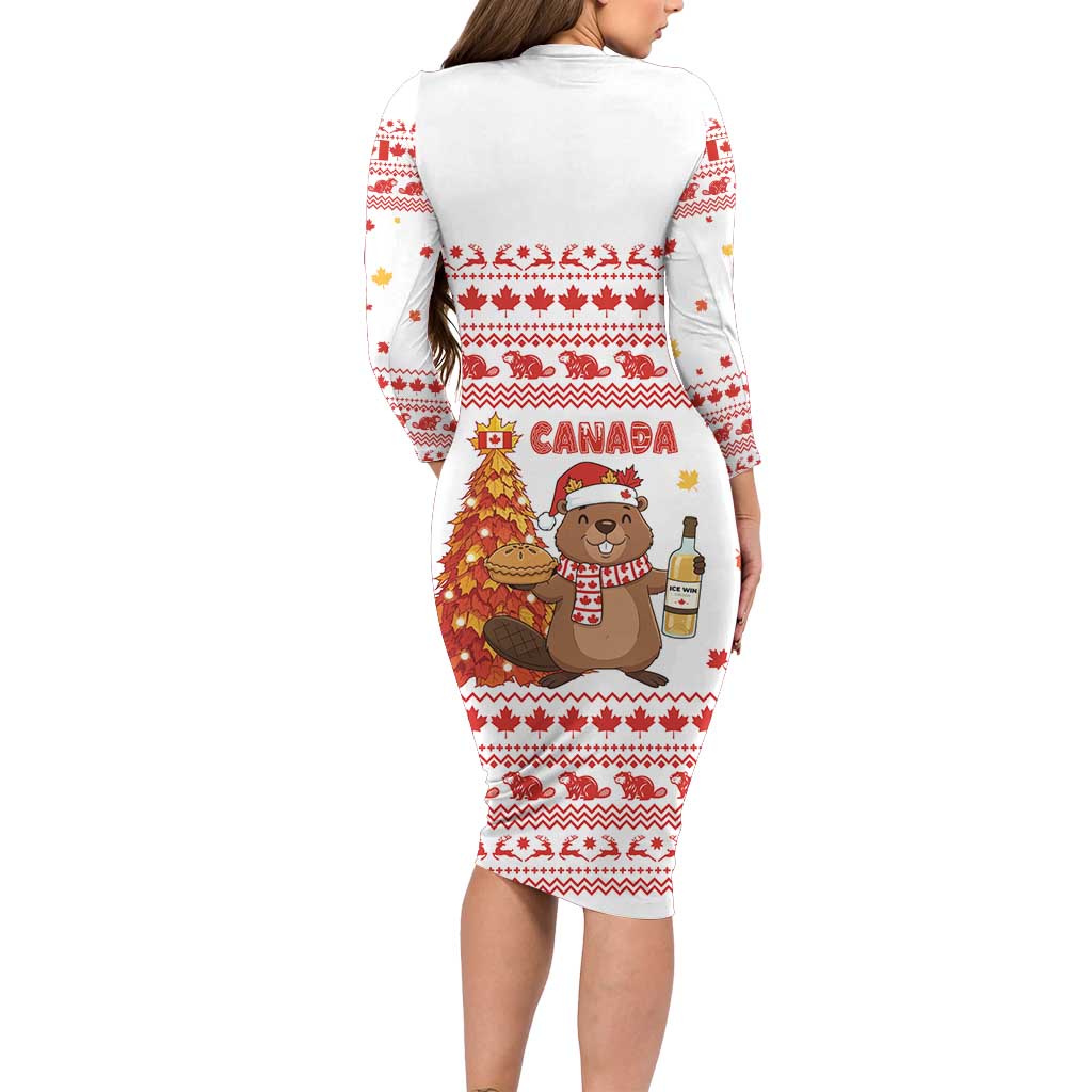 Canada Christmas Long Sleeve Bodycon Dress with Beaver Maple Tree Ice Wine Pie and Red White Knit Pattern Design - Wonder Print Shop