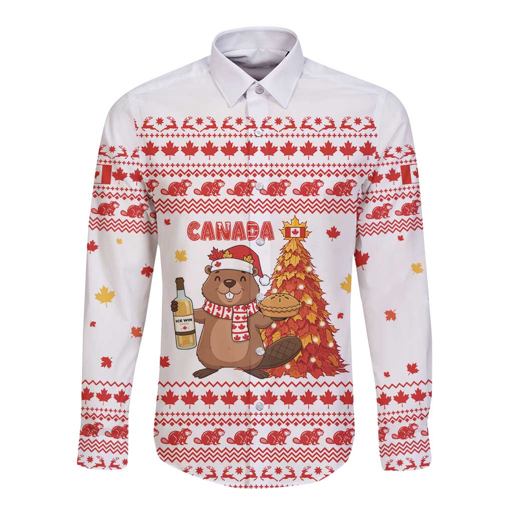 Canada Christmas Long Sleeve Button Shirt with Beaver Maple Tree Ice Wine Pie and Red White Knit Pattern Design - Wonder Print Shop