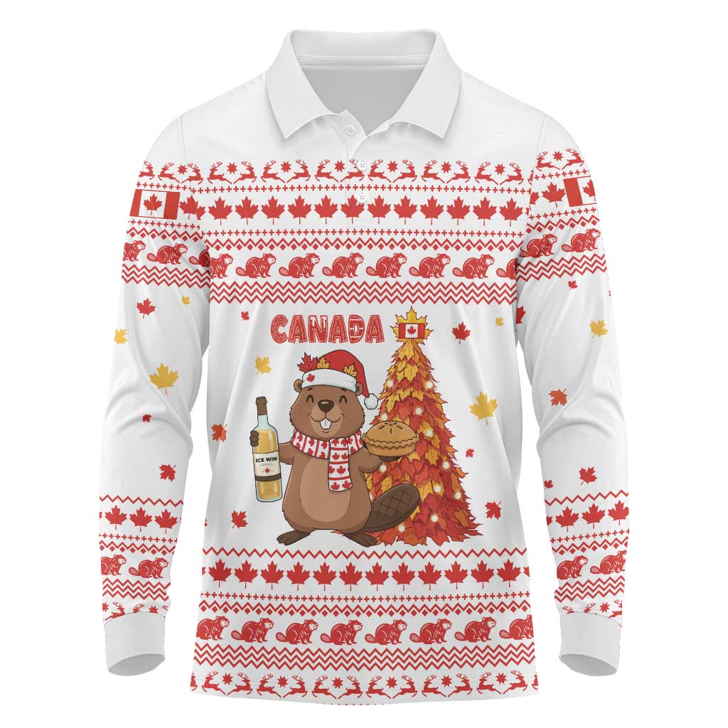 Canada Christmas Long Sleeve Polo Shirt with Beaver Maple Tree Ice Wine Pie and Red White Knit Pattern Design - Wonder Print Shop