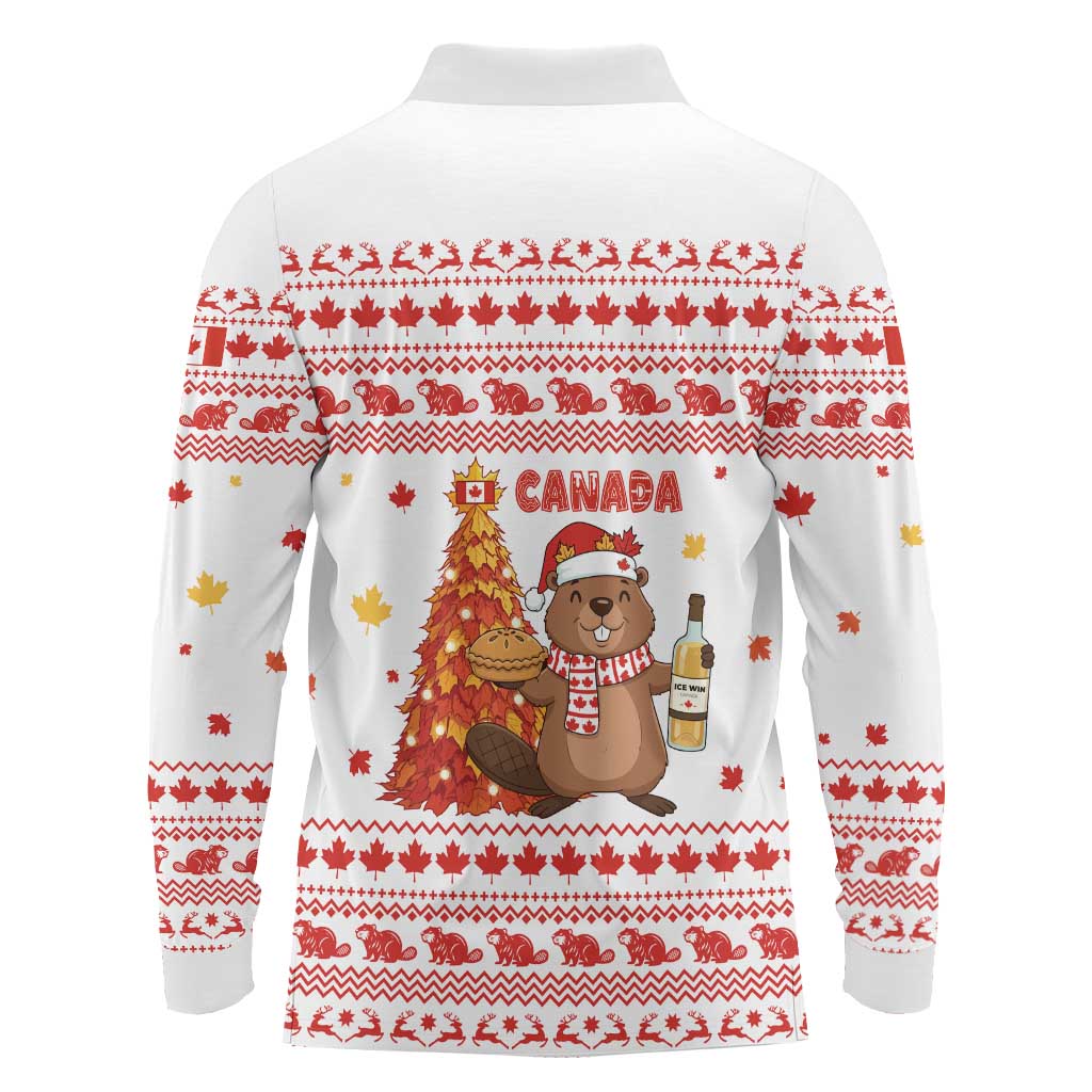 Canada Christmas Long Sleeve Polo Shirt with Beaver Maple Tree Ice Wine Pie and Red White Knit Pattern Design - Wonder Print Shop