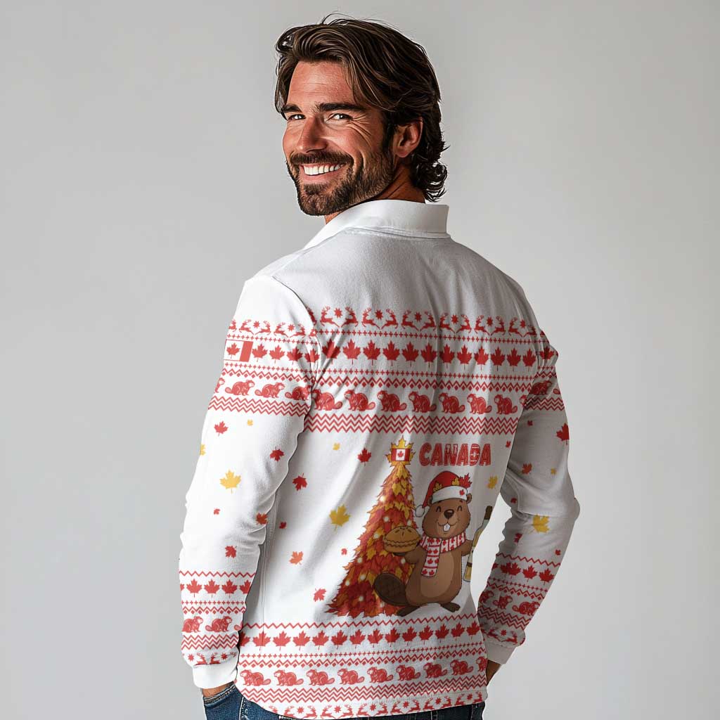 Canada Christmas Long Sleeve Polo Shirt with Beaver Maple Tree Ice Wine Pie and Red White Knit Pattern Design - Wonder Print Shop