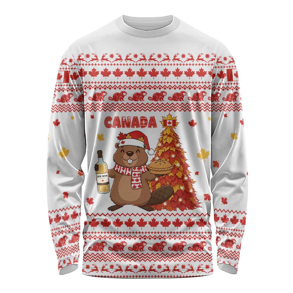 Canada Christmas Long Sleeve Shirt with Beaver Maple Tree Ice Wine Pie and Red White Knit Pattern Design - Wonder Print Shop