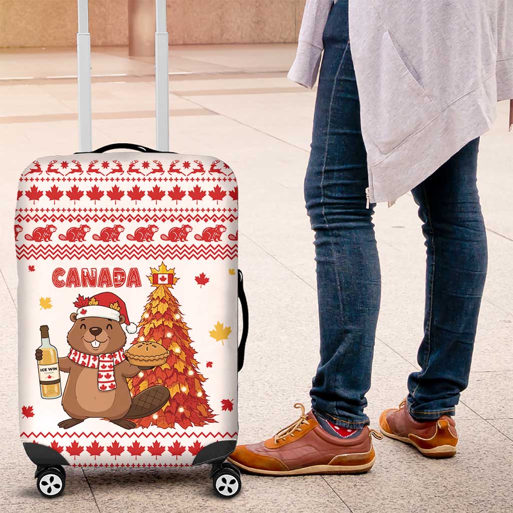 Canada Christmas Luggage Cover with Beaver Maple Tree Ice Wine Pie and Red White Knit Pattern Design - Wonder Print Shop