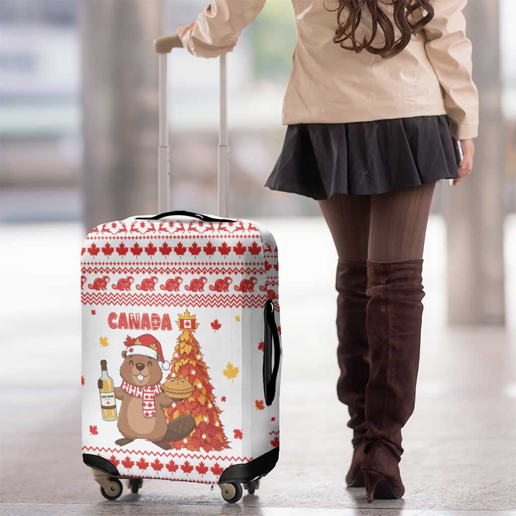 Canada Christmas Luggage Cover with Beaver Maple Tree Ice Wine Pie and Red White Knit Pattern Design - Wonder Print Shop