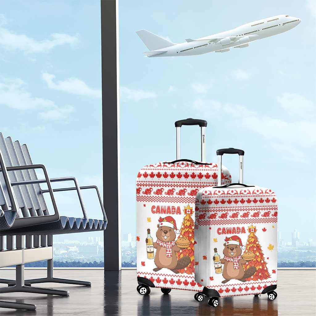 Canada Christmas Luggage Cover with Beaver Maple Tree Ice Wine Pie and Red White Knit Pattern Design - Wonder Print Shop