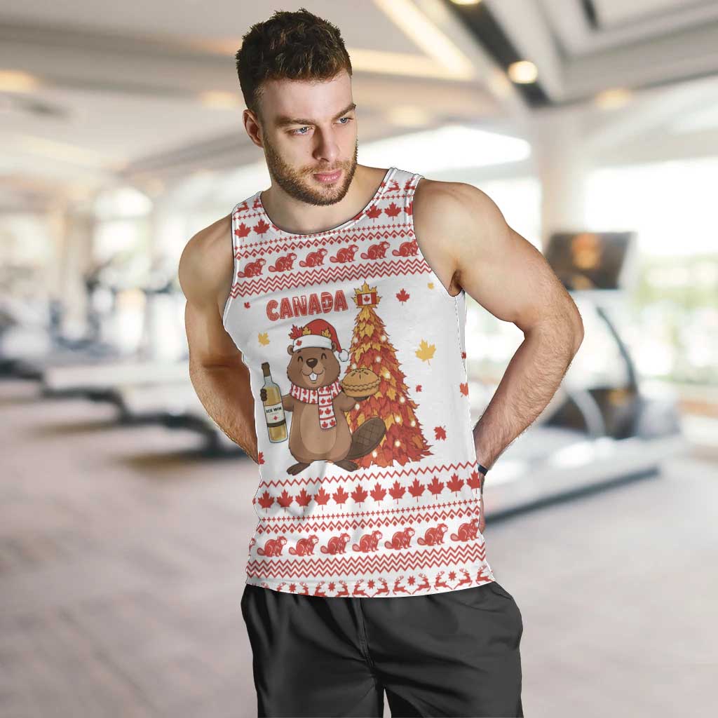 Canada Christmas Men Tank Top with Beaver Maple Tree Ice Wine Pie and Red White Knit Pattern Design - Wonder Print Shop