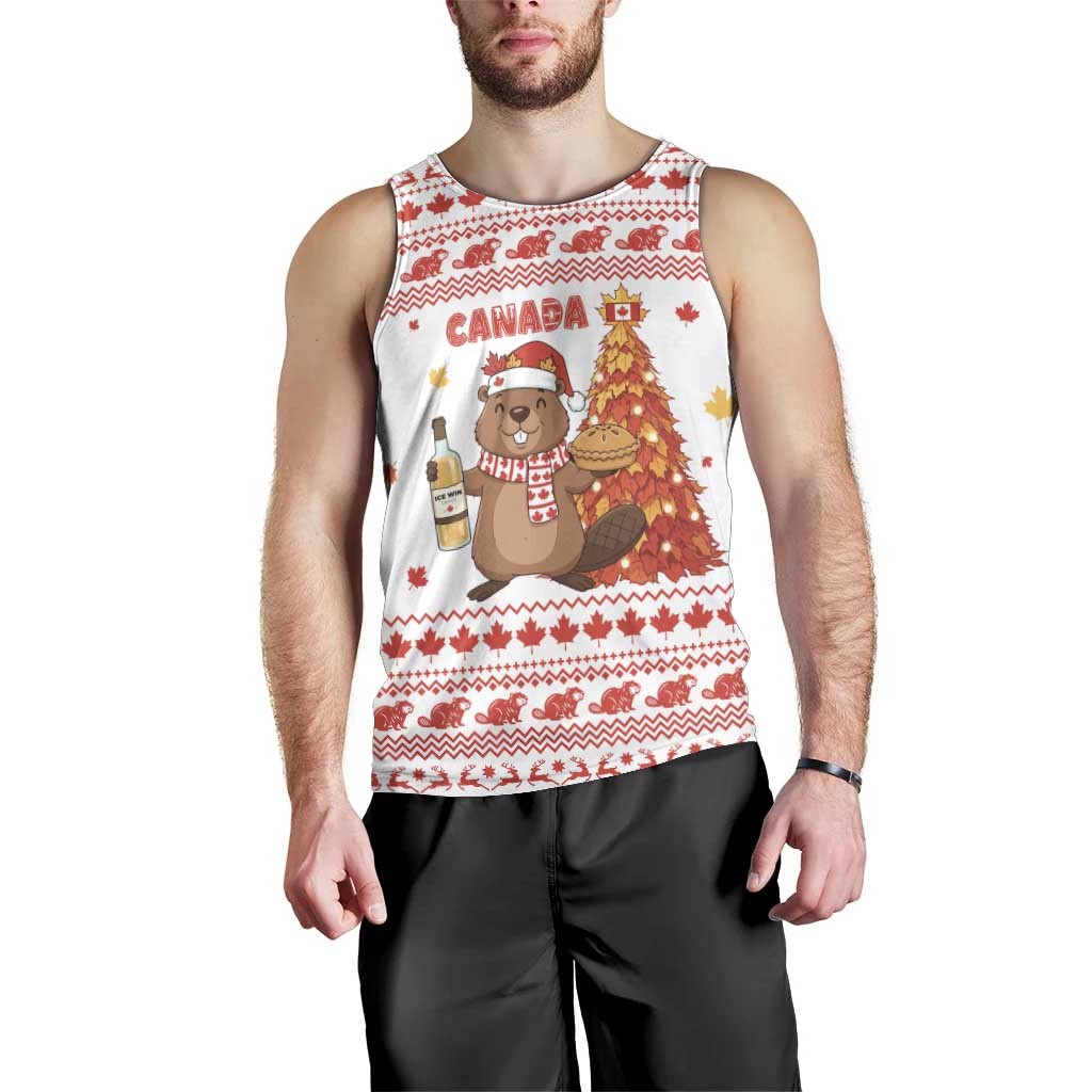 Canada Christmas Men Tank Top with Beaver Maple Tree Ice Wine Pie and Red White Knit Pattern Design - Wonder Print Shop