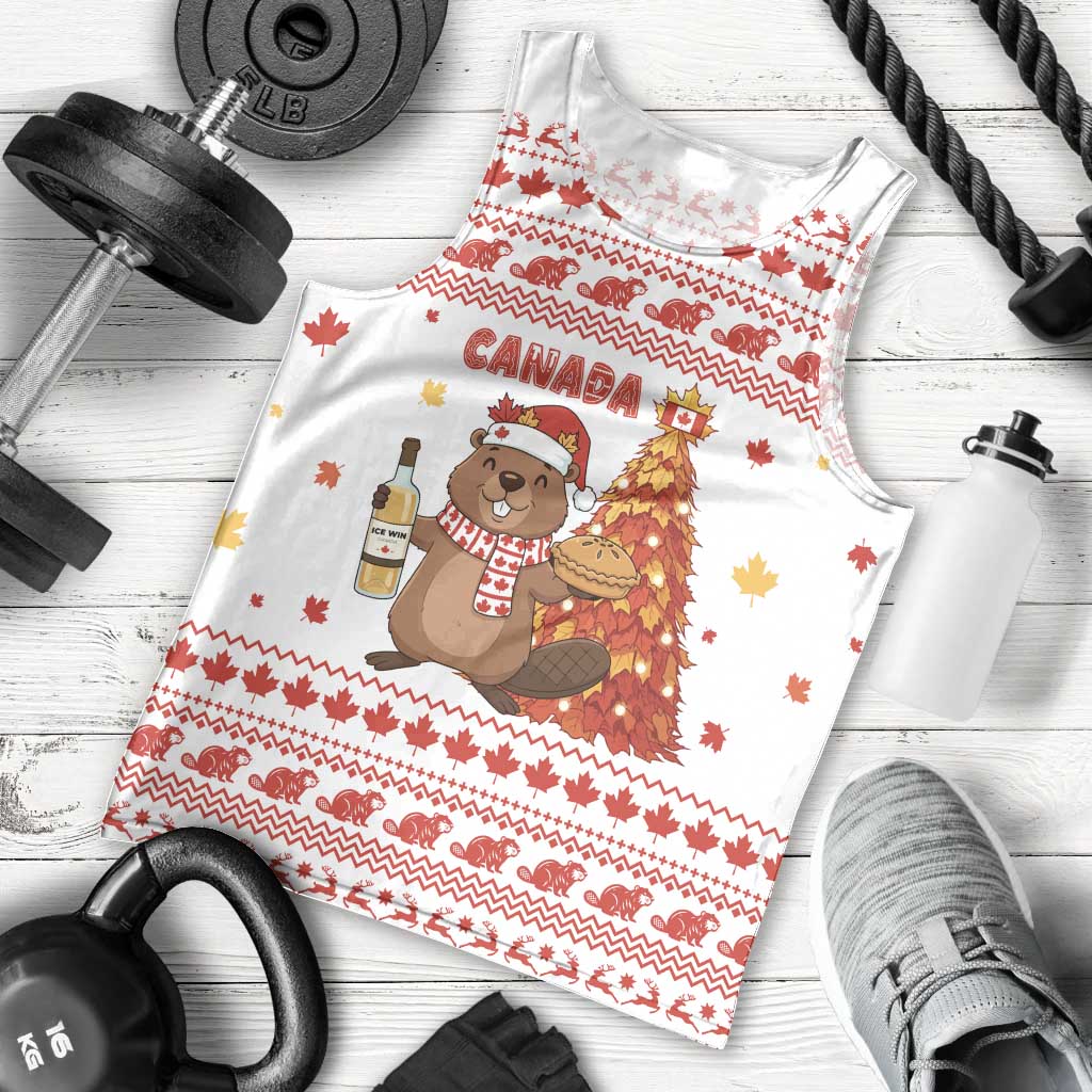 Canada Christmas Men Tank Top with Beaver Maple Tree Ice Wine Pie and Red White Knit Pattern Design - Wonder Print Shop