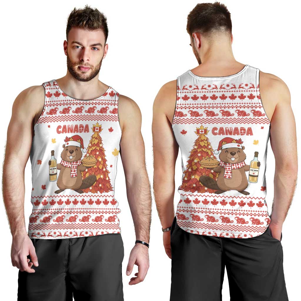 Canada Christmas Men Tank Top with Beaver Maple Tree Ice Wine Pie and Red White Knit Pattern Design - Wonder Print Shop
