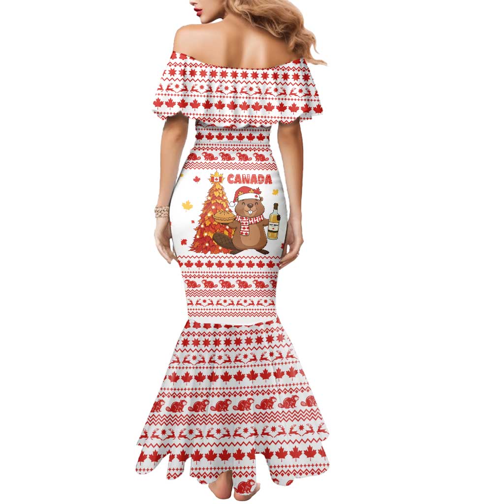 Canada Christmas Mermaid Dress with Beaver Maple Tree Ice Wine Pie and Red White Knit Pattern Design - Wonder Print Shop