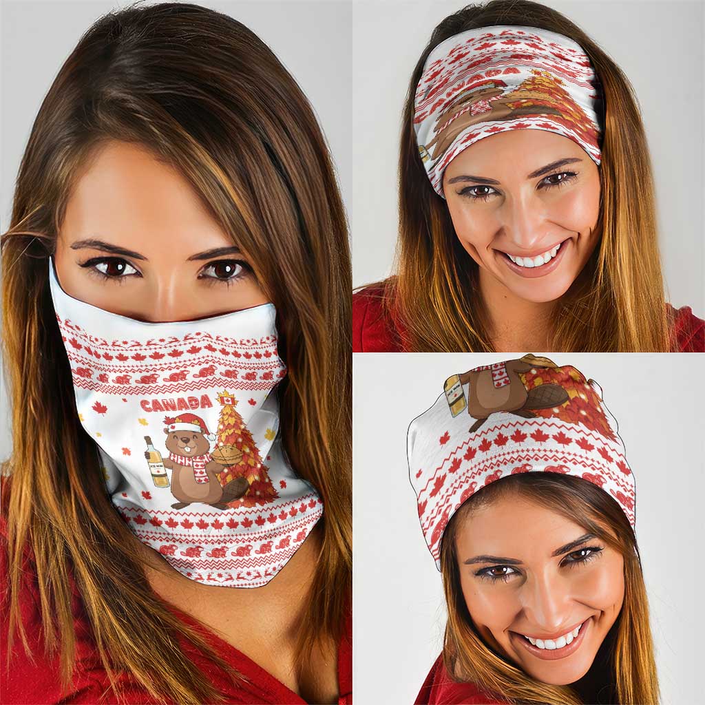 Canada Christmas Neck Gaiter with Beaver Maple Tree Ice Wine Pie and Red White Knit Pattern Design - Wonder Print Shop