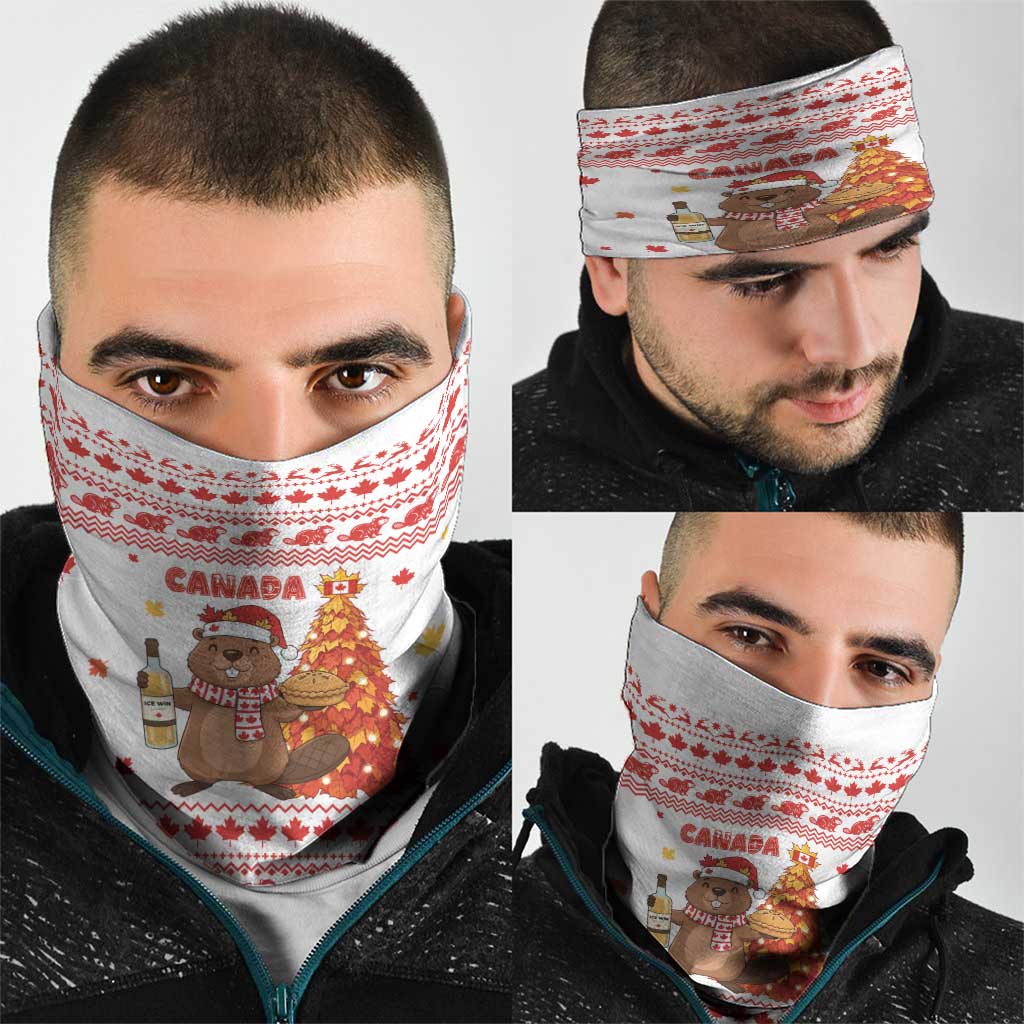 Canada Christmas Neck Gaiter with Beaver Maple Tree Ice Wine Pie and Red White Knit Pattern Design - Wonder Print Shop