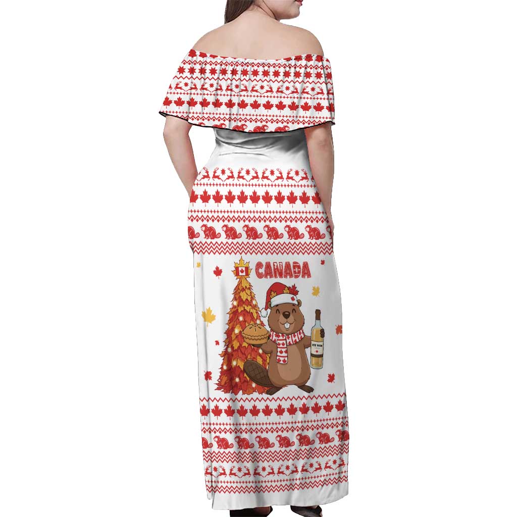 Canada Christmas Off Shoulder Maxi Dress with Beaver Maple Tree Ice Wine Pie and Red White Knit Pattern Design - Wonder Print Shop