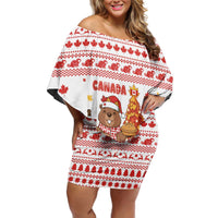 Canada Christmas Off Shoulder Short Dress with Beaver Maple Tree Ice Wine Pie and Red White Knit Pattern Design - Wonder Print Shop