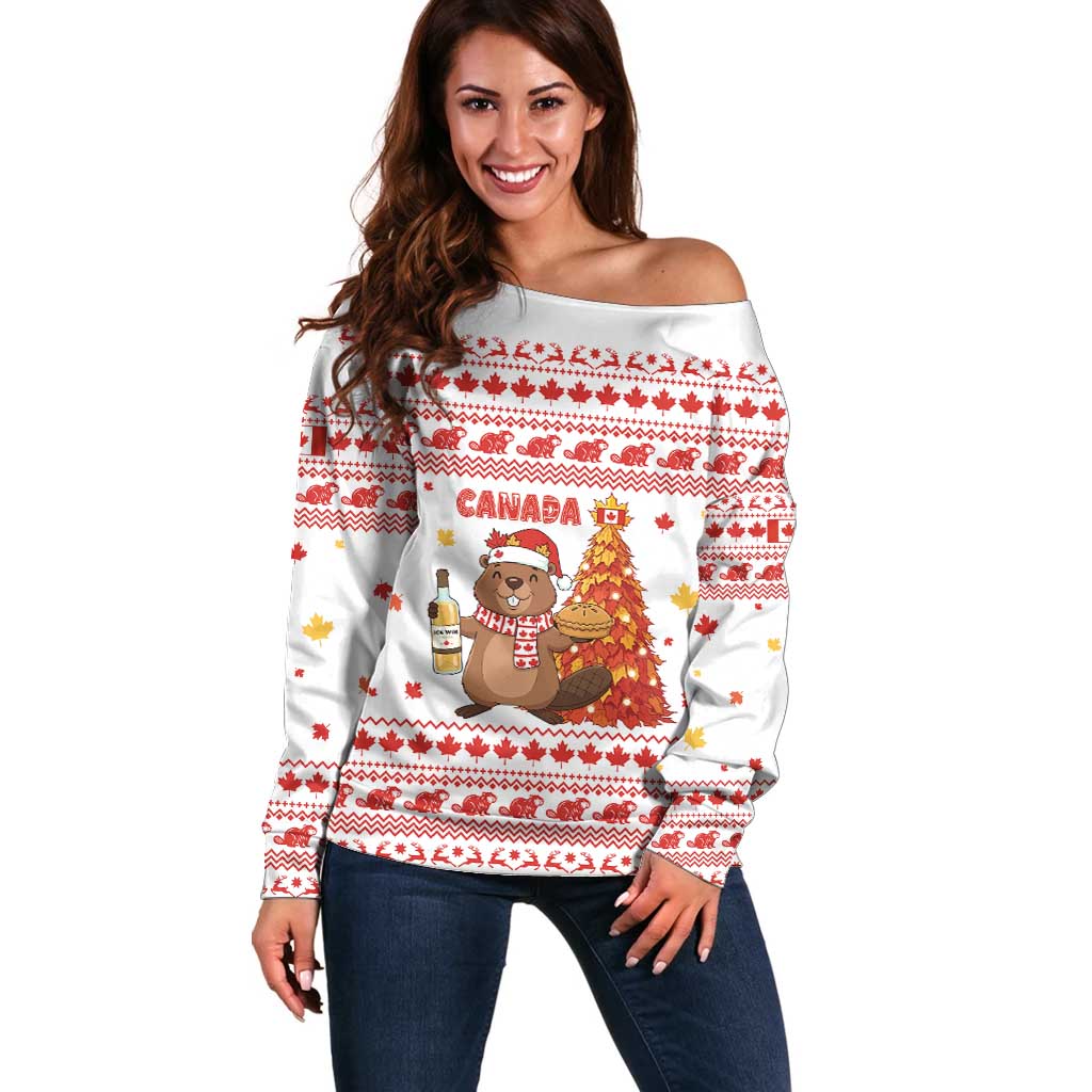 Canada Christmas Off Shoulder Sweater with Beaver Maple Tree Ice Wine Pie and Red White Knit Pattern Design - Wonder Print Shop