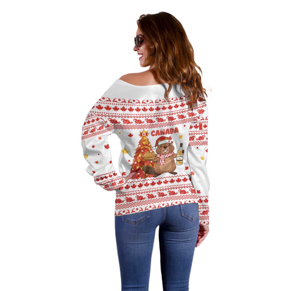 Canada Christmas Off Shoulder Sweater with Beaver Maple Tree Ice Wine Pie and Red White Knit Pattern Design - Wonder Print Shop