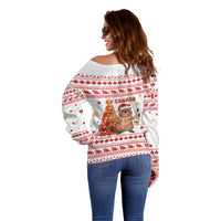 Canada Christmas Off Shoulder Sweater with Beaver Maple Tree Ice Wine Pie and Red White Knit Pattern Design - Wonder Print Shop
