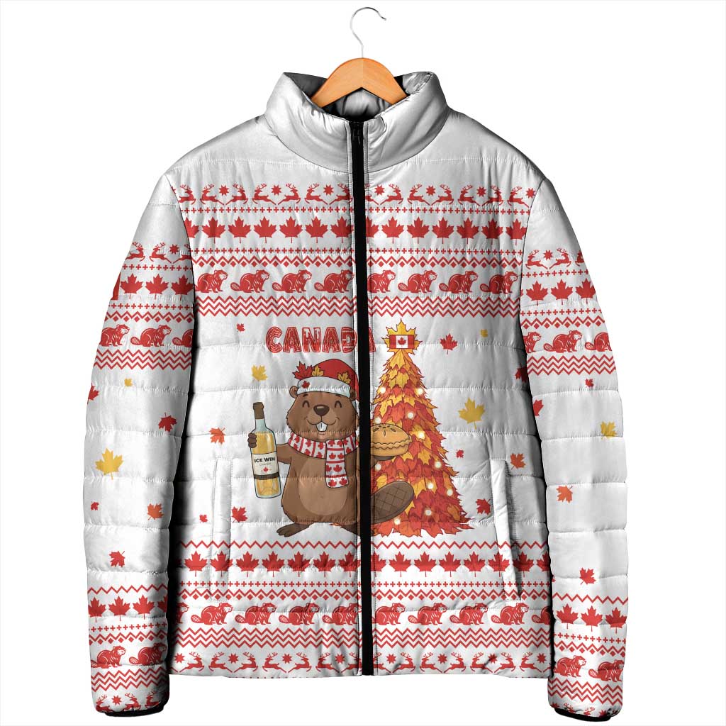 Canada Christmas Padded Jacket with Beaver Maple Tree Ice Wine Pie and Red White Knit Pattern Design - Wonder Print Shop