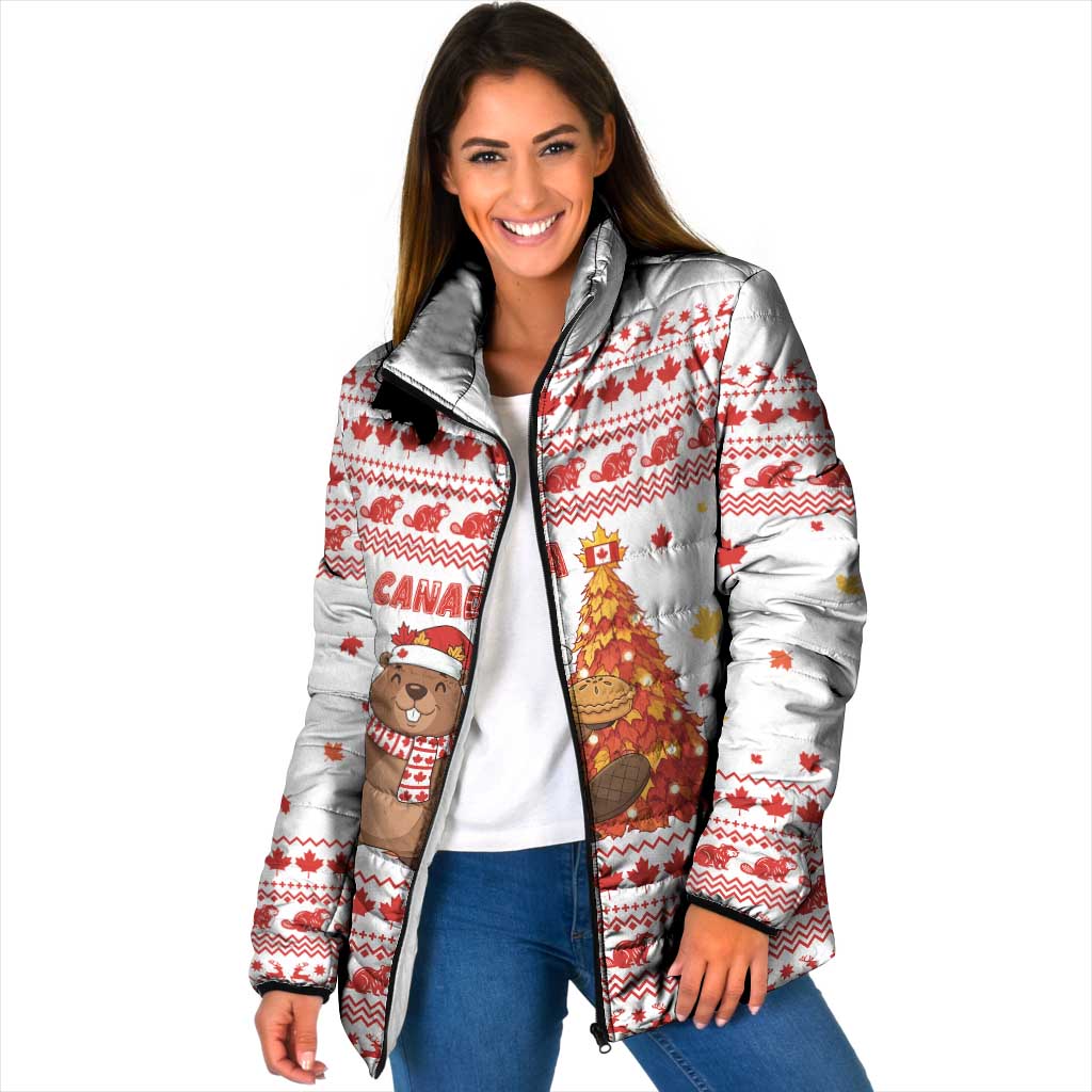 Canada Christmas Padded Jacket with Beaver Maple Tree Ice Wine Pie and Red White Knit Pattern Design - Wonder Print Shop