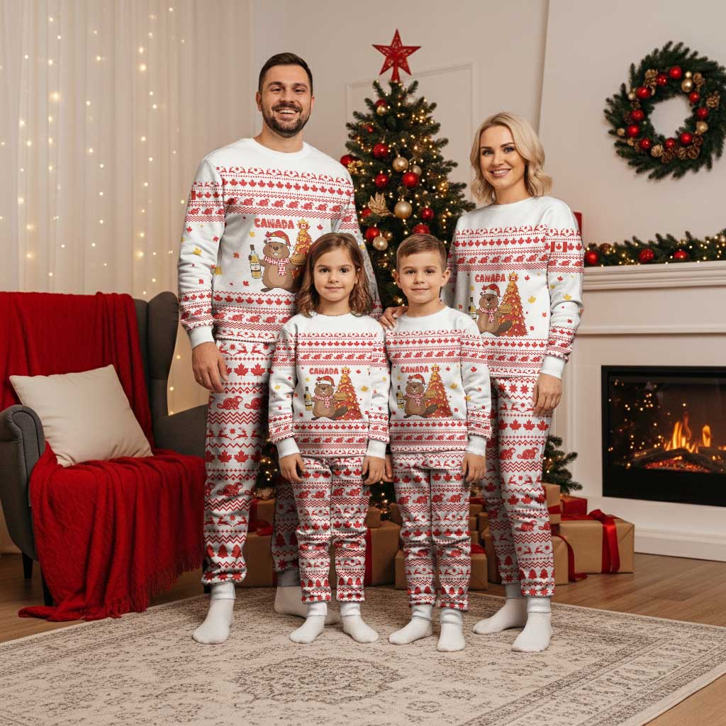 Canada Christmas Pajama Set with Beaver Maple Tree Ice Wine Pie and Red White Knit Pattern Design - Wonder Print Shop
