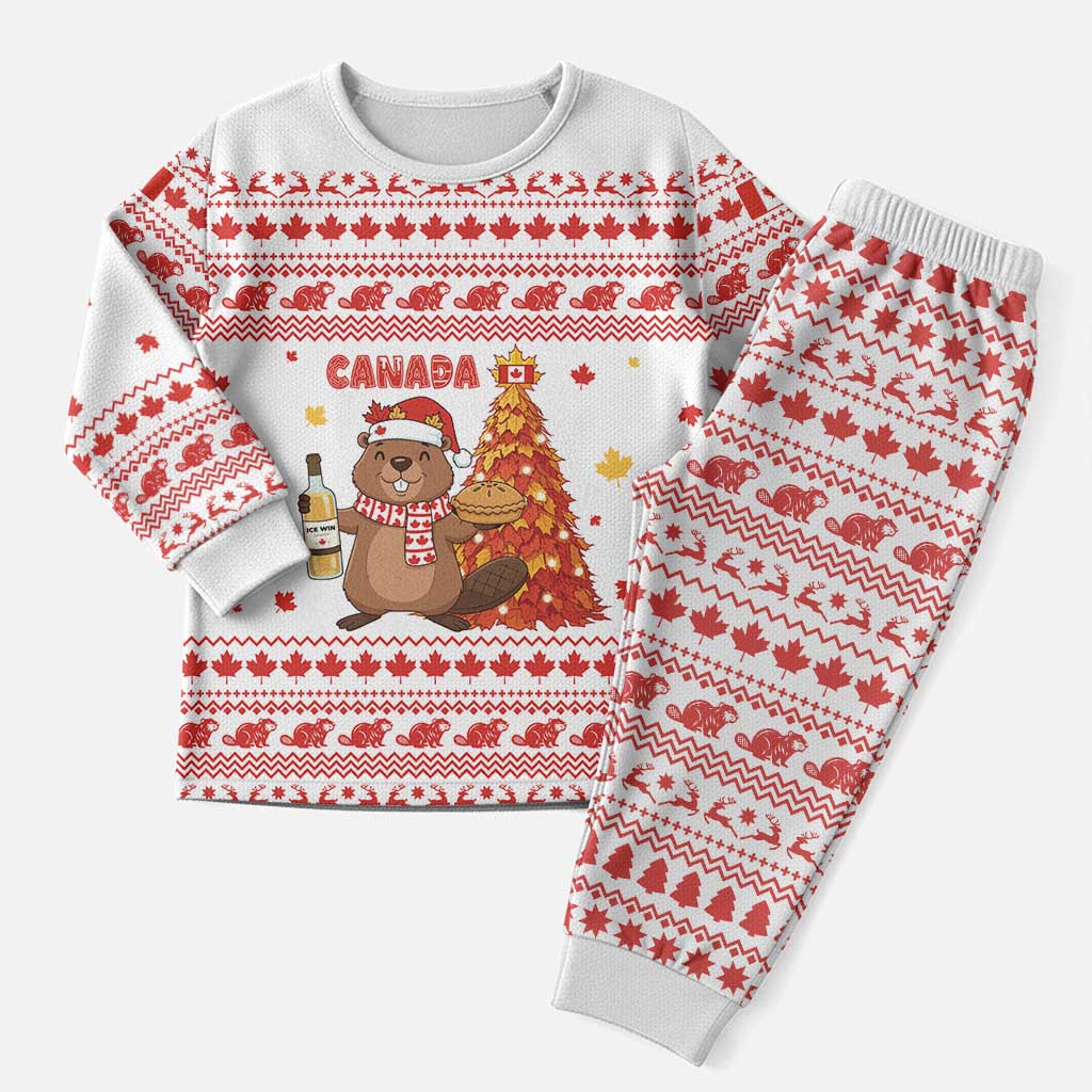 Canada Christmas Pajama Set with Beaver Maple Tree Ice Wine Pie and Red White Knit Pattern Design - Wonder Print Shop