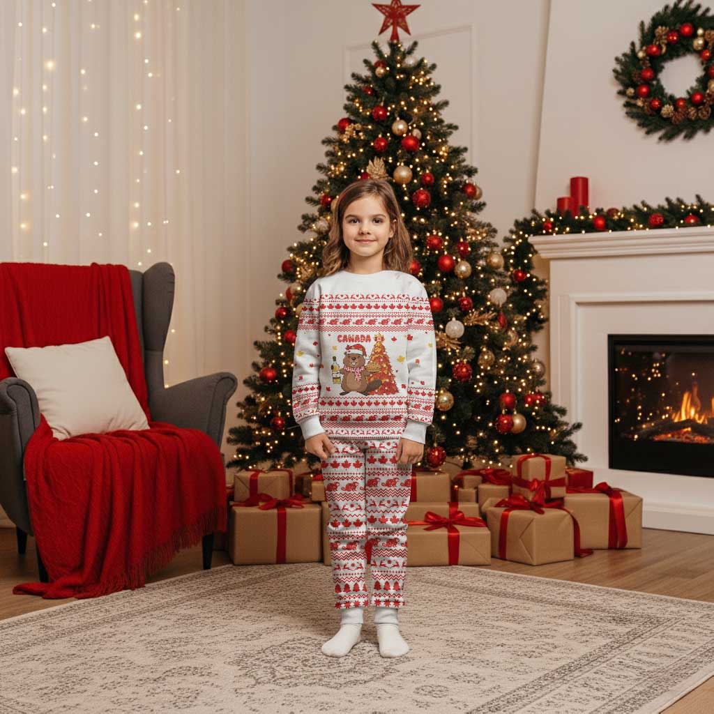 Canada Christmas Pajama Set with Beaver Maple Tree Ice Wine Pie and Red White Knit Pattern Design - Wonder Print Shop