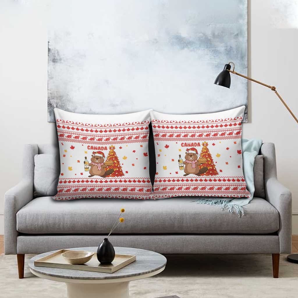 Canada Christmas Pillow Cover with Beaver Maple Tree Ice Wine Pie and Red White Knit Pattern Design - Wonder Print Shop