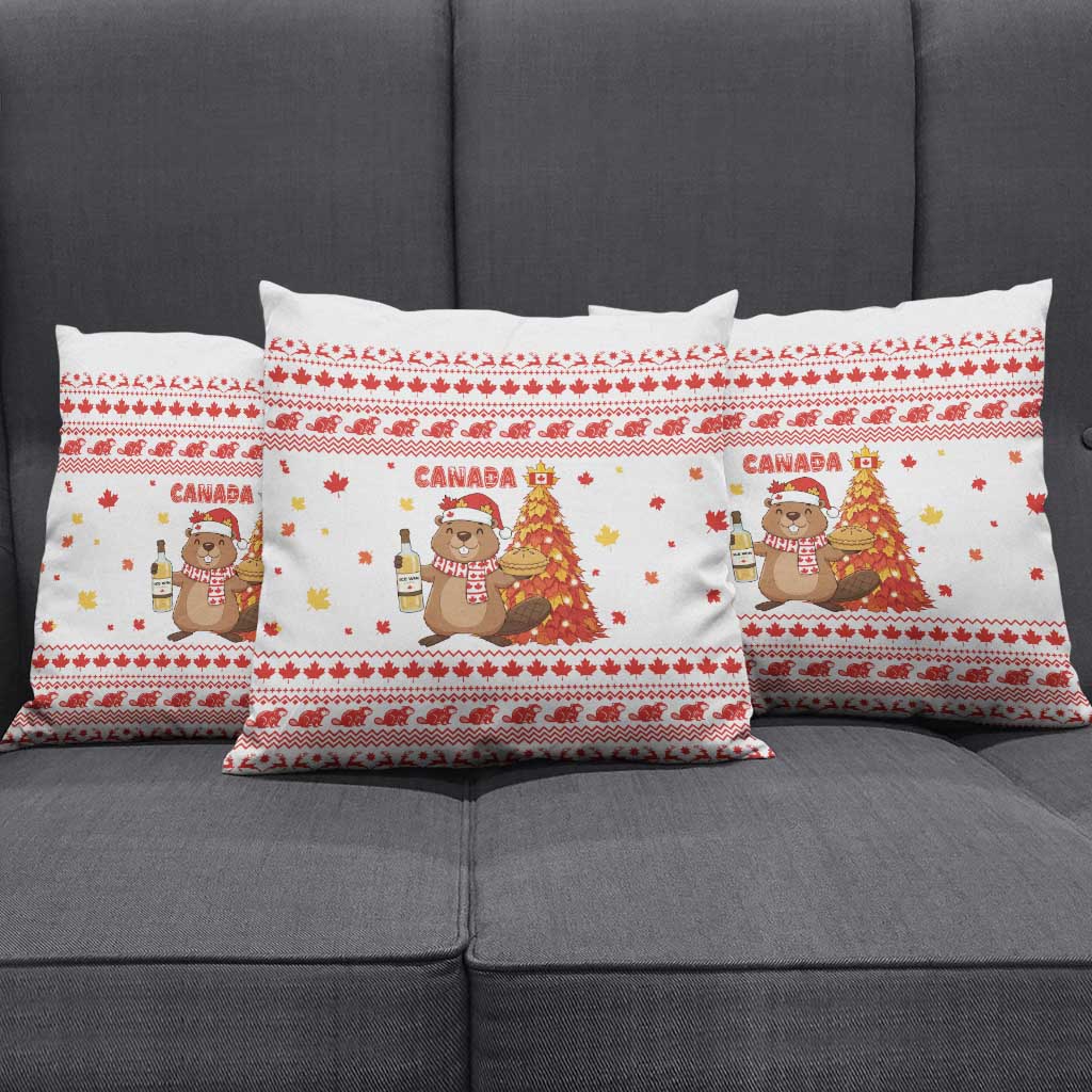 Canada Christmas Pillow Cover with Beaver Maple Tree Ice Wine Pie and Red White Knit Pattern Design - Wonder Print Shop
