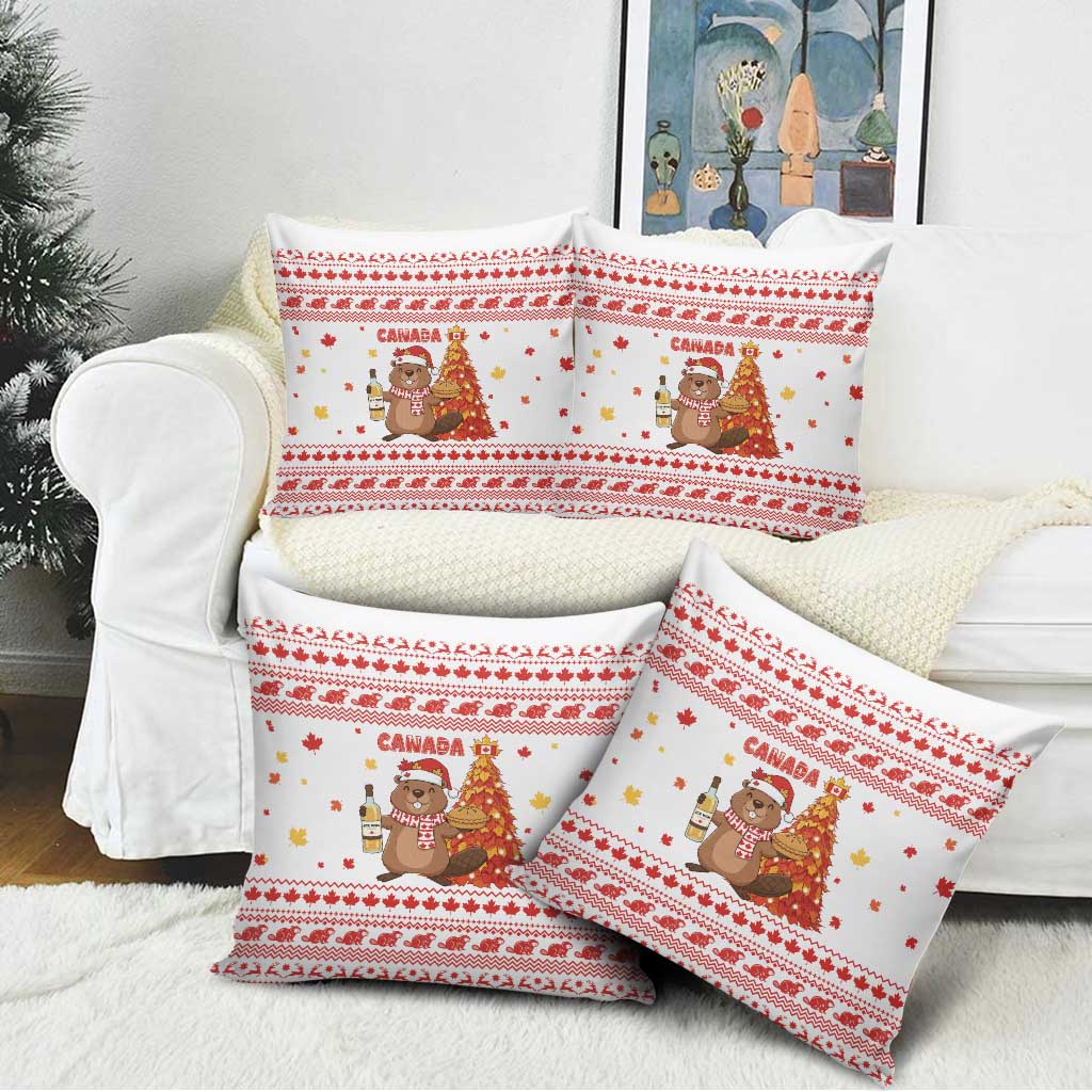 Canada Christmas Pillow Cover with Beaver Maple Tree Ice Wine Pie and Red White Knit Pattern Design - Wonder Print Shop