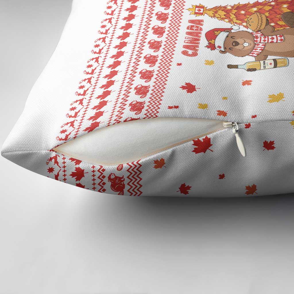 Canada Christmas Pillow Cover with Beaver Maple Tree Ice Wine Pie and Red White Knit Pattern Design - Wonder Print Shop