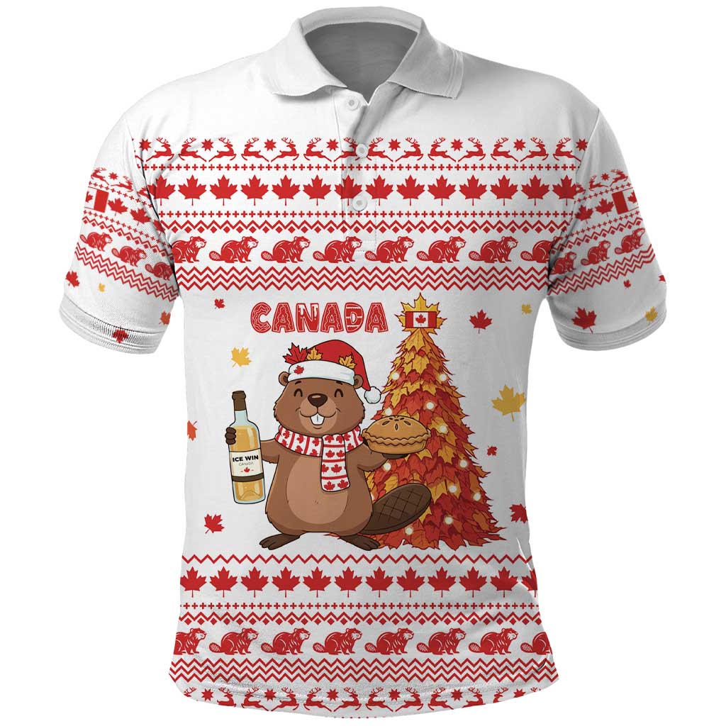 Canada Christmas Polo Shirt with Beaver Maple Tree Ice Wine Pie and Red White Knit Pattern Design - Wonder Print Shop