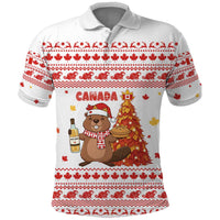 Canada Christmas Polo Shirt with Beaver Maple Tree Ice Wine Pie and Red White Knit Pattern Design - Wonder Print Shop