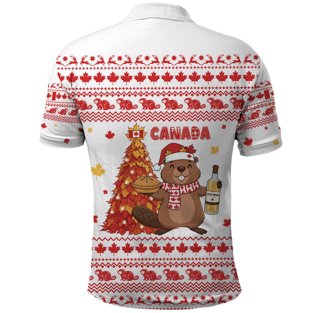 Canada Christmas Polo Shirt with Beaver Maple Tree Ice Wine Pie and Red White Knit Pattern Design - Wonder Print Shop