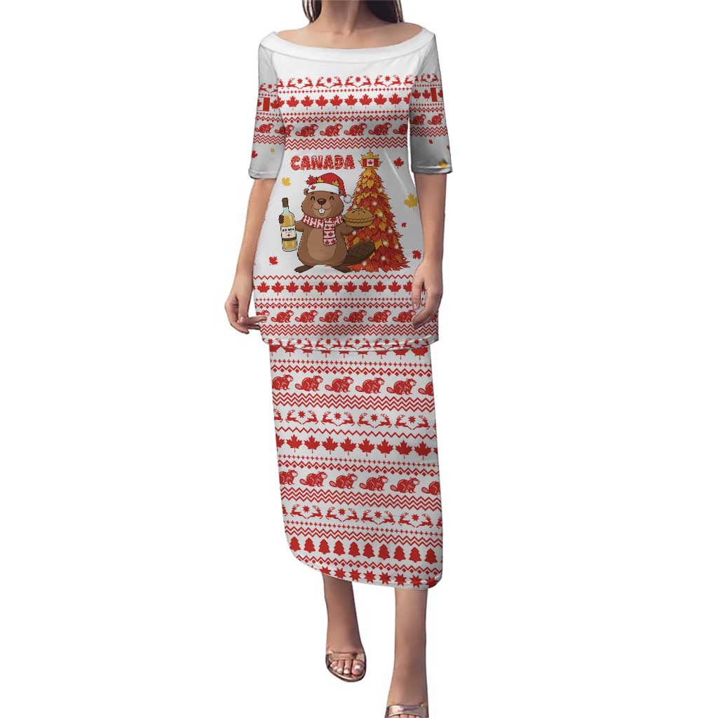 Canada Christmas Puletasi with Beaver Maple Tree Ice Wine Pie and Red White Knit Pattern Design - Wonder Print Shop