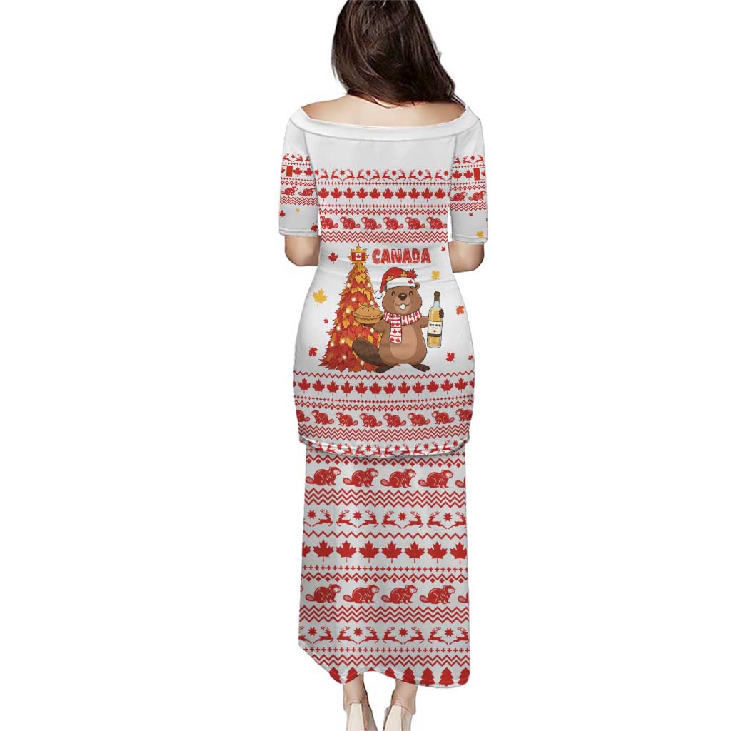Canada Christmas Puletasi with Beaver Maple Tree Ice Wine Pie and Red White Knit Pattern Design - Wonder Print Shop