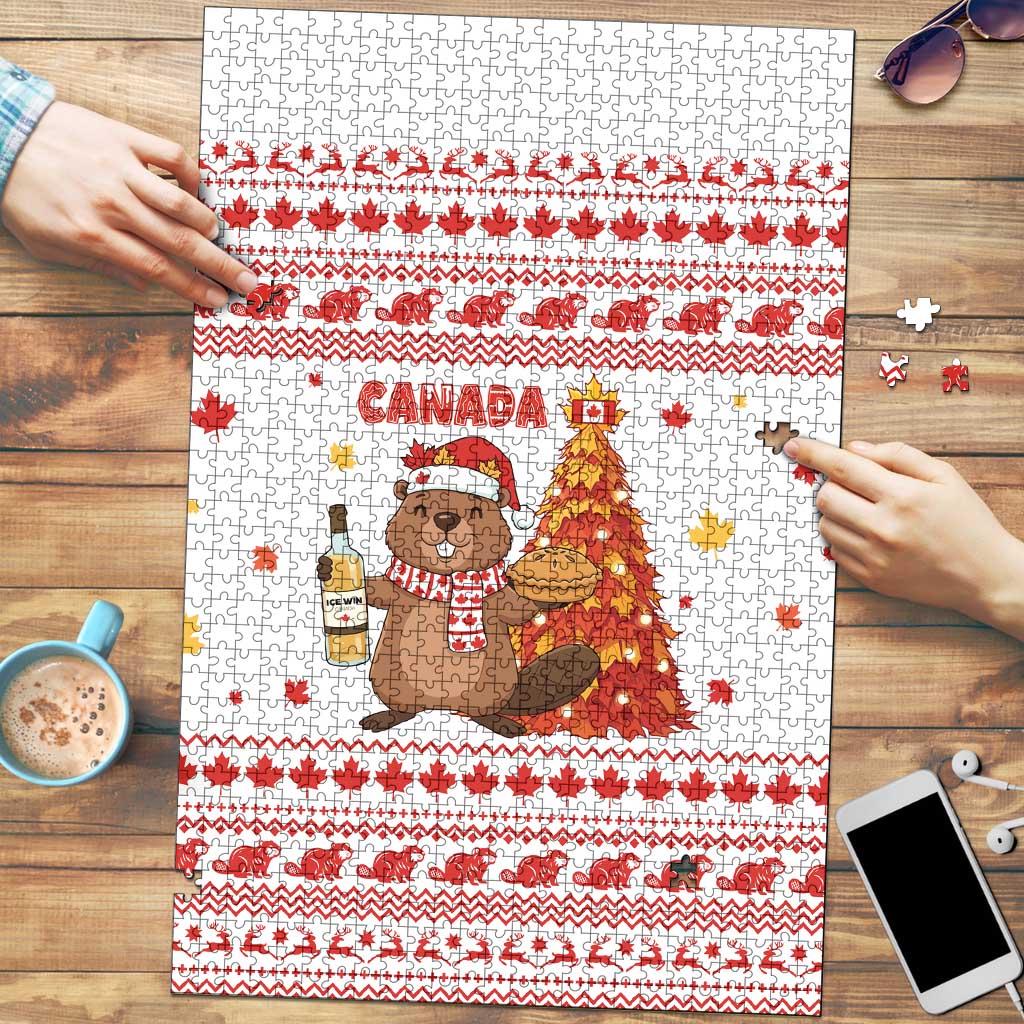 Canada Christmas Puzzle with Beaver Maple Tree Ice Wine Pie and Red White Knit Pattern Design - Wonder Print Shop