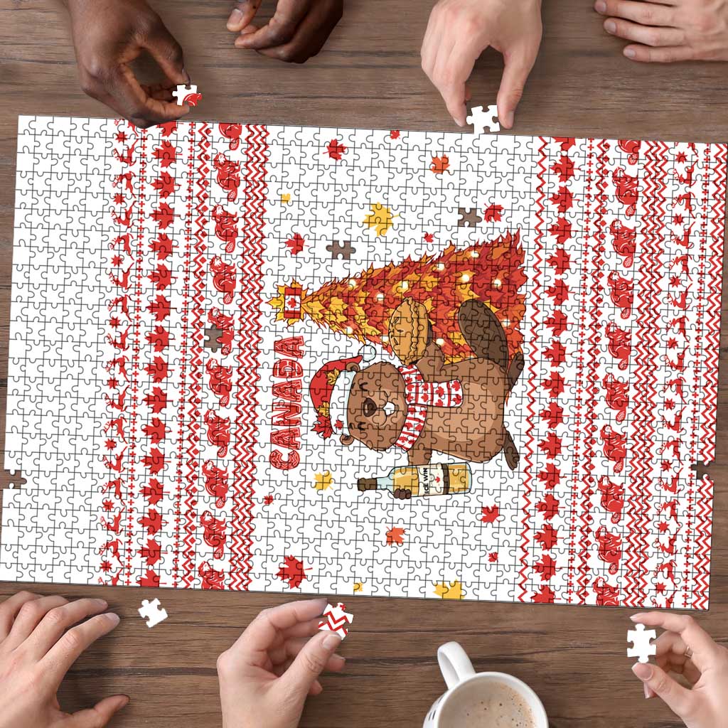 Canada Christmas Puzzle with Beaver Maple Tree Ice Wine Pie and Red White Knit Pattern Design - Wonder Print Shop