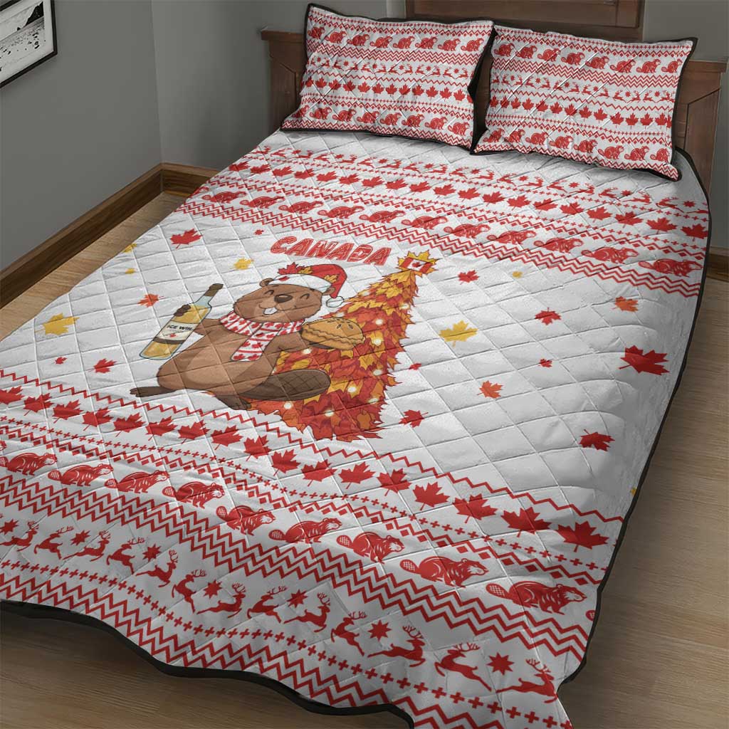 Canada Christmas Quilt Bed Set with Beaver Maple Tree Ice Wine Pie and Red White Knit Pattern Design - Wonder Print Shop