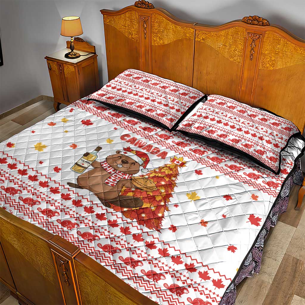 Canada Christmas Quilt Bed Set with Beaver Maple Tree Ice Wine Pie and Red White Knit Pattern Design - Wonder Print Shop