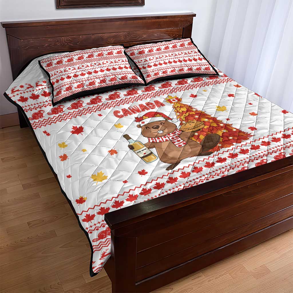 Canada Christmas Quilt Bed Set with Beaver Maple Tree Ice Wine Pie and Red White Knit Pattern Design - Wonder Print Shop