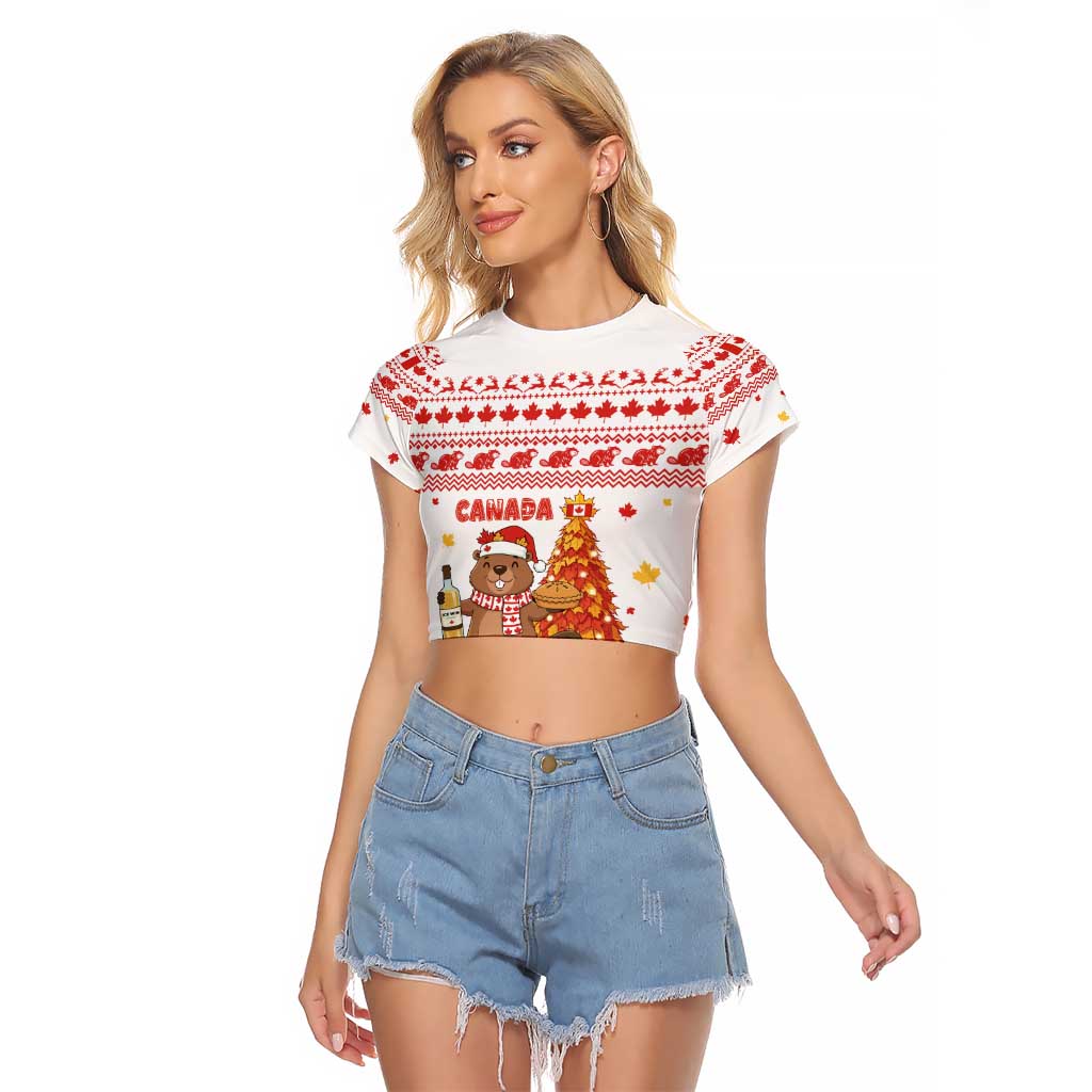 Canada Christmas Raglan Cropped T Shirt with Beaver Maple Tree Ice Wine Pie and Red White Knit Pattern Design - Wonder Print Shop