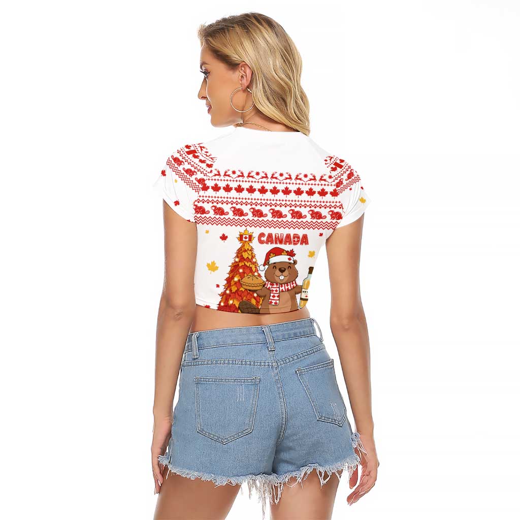Canada Christmas Raglan Cropped T Shirt with Beaver Maple Tree Ice Wine Pie and Red White Knit Pattern Design - Wonder Print Shop