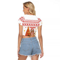 Canada Christmas Raglan Cropped T Shirt with Beaver Maple Tree Ice Wine Pie and Red White Knit Pattern Design - Wonder Print Shop